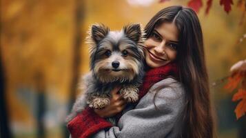 herfst meisje met hond. illustratie ai generatief foto