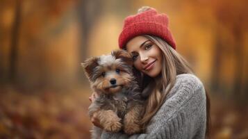 herfst meisje met hond. illustratie ai generatief foto