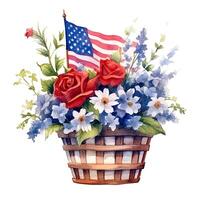 Verenigde Staten van Amerika vlag en bloemen in mand. waterverf. illustratie ai generatief foto