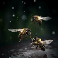 drie bijen vliegend onder de regent Aan de rivier. genereren ai foto