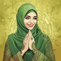 een moslim glimlachen Dames vervelend een groen hijab in Ramadan kareem. genereren ai foto