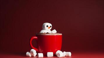 heet chocola mok met gesmolten marshmallows sneeuwman illustratie ai generatief foto