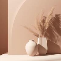 minimalistische achtergrond met vaas en droog bloemen. illustratie ai generatief foto