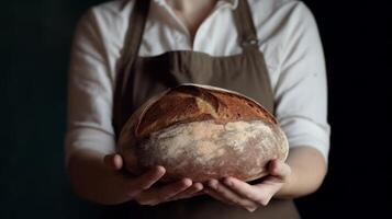 vrouw Holding vers brood. illustratie ai generatief foto