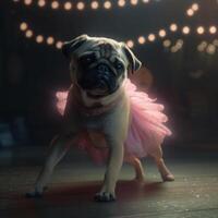 mopshond dod in een licht roze ballet rok is dansen Leuk vinden een balletdanseres, illustratie ai generatief foto
