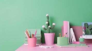kinderen bureau creatief werkruimte met school- benodigdheden, cactus illustratie ai generatief foto