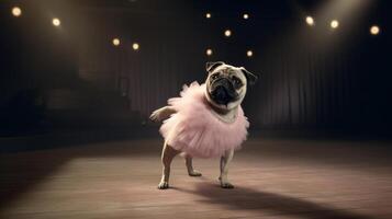 mopshond dod in een licht roze ballet rok is dansen Leuk vinden een balletdanseres, illustratie ai generatief foto
