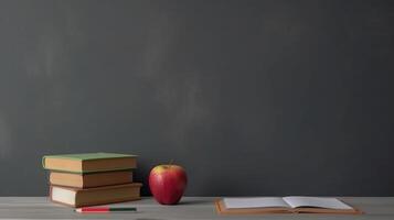 terug naar school- achtergrond met boeken en appel. illustratie ai generatief foto