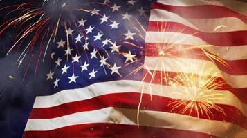 Verenigde Staten van Amerika vakantie achtergrond met vlag en vuurwerk. illustratie ai generatief foto