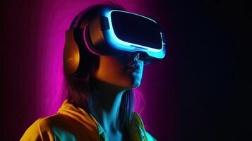 meisje in vr bril. illustratie ai generatief foto