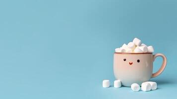 heet chocola mok met gesmolten marshmallows sneeuwman illustratie ai generatief foto