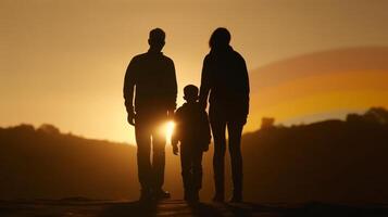 silhouet van familie Bij zonsondergang. concept van gelukkig vader dag, generatief ai foto