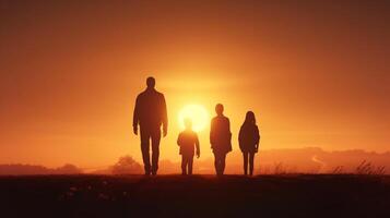 silhouet van familie Bij zonsondergang. concept van gelukkig vader dag, generatief ai foto