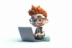 schattig 3d illustratie van jong zakenman met laptop karakter tekenfilm, geïsoleerd wit achtergrond foto