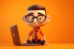 3d illustratie van een tekenfilm karakter met een laptop Aan oranje achtergrond generatief ai foto