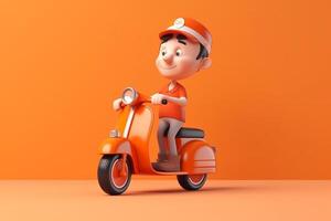 3d illustratie van een schattig tekenfilm rijden een scooter Aan geïsoleerd achtergrond generatief ai foto