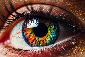 detailopname van een vrouw oog met iris. macro generatief ai foto