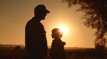 silhouet van familie Bij zonsondergang. concept van gelukkig vader dag, generatief ai foto