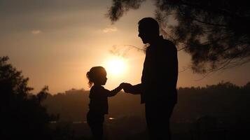 silhouet van familie Bij zonsondergang. concept van gelukkig vader dag, generatief ai foto