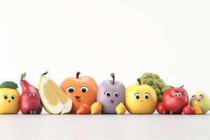 fruit en groenten met schattig gezichten tekens Aan wit achtergrond. 3d illustratie generatief ai foto