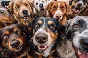 selfie van een groep van honden Aan een achtergrond van andere honden generatief ai foto