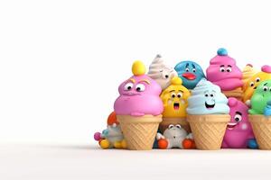 3d illustratie van kleurrijk ijs room karakter in wafel ijshoorntje met grappig gezichten generatief ai foto