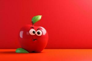 rood appel karakter tekenfilm Aan rood achtergrond. 3d illustratie. foto