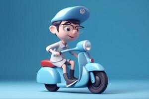 3d illustratie van een tekenfilm levering jongen rijden een scooter Aan blauw achtergrond generatief ai foto