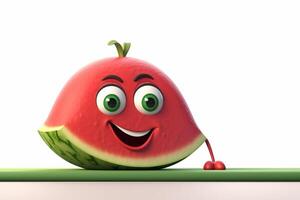 tekenfilm watermeloen karakter Aan wit achtergrond. 3d illustratie. generatief ai foto