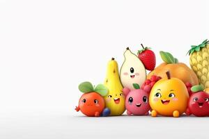 fruit en groenten met schattig gezichten tekens Aan wit achtergrond. 3d illustratie generatief ai foto