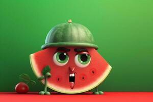 grappig watermeloen karakter Aan groen achtergrond. 3d illustratie. foto