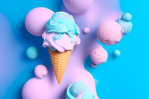 roze en blauw ijs room in een ijshoorntje Aan een blauw achtergrond, levitatie, creatief. ai gegenereerd foto