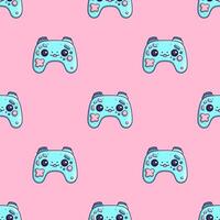 naadloos patroon met schattig blauw tekenfilm gamepad Aan een roze achtergrond. gegenereerd ai. foto