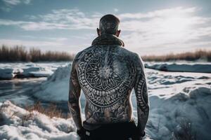 IJslands Mens met zijn terug gedekt in tatoeages buiten in bevroren winter. ai gegenereerd foto