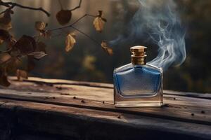 een fles van blauw parfum in een buitenshuis instelling zittend Aan een hout. ai gegenereerd foto