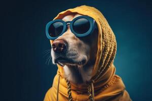 koel en grappig hond in een geel capuchon met zonnebril geïsoleerd Aan een blauw achtergrond. ai gegenereerd foto