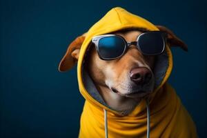 koel en grappig hond in een geel capuchon met zonnebril geïsoleerd Aan een blauw achtergrond. ai gegenereerd foto