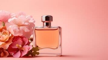 fles van parfum met bloemen. illustratie ai generatief foto