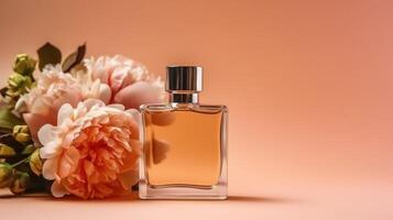 fles van parfum met bloemen. illustratie ai generatief foto