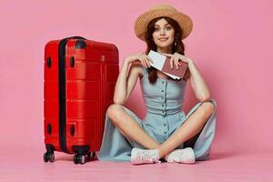vrolijk vrouw het is met een koffer in een hoed toerisme reizen passagier foto