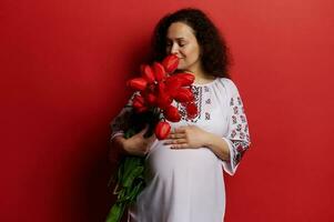 gelukkig zwanger vrouw in traditioneel oekraïens geborduurd jurk, houdt boeket van tulpen, strelen buik, rood backdrop foto