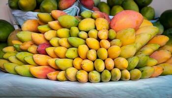 mango fruit hangende Aan een boom met een rustiek houten tafel foto