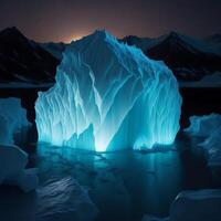 luminescent ijsberg in de meer Bij nacht ai gegenereerd foto