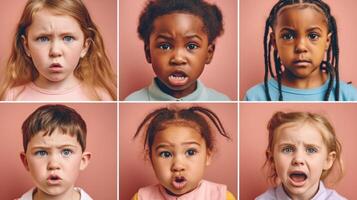 kunst collage gemaakt van portretten van weinig en gelukkig kinderen, ai generatief foto
