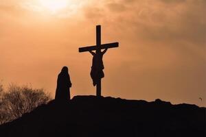 de kruis Bij de zonsondergang achtergrond, ai generatief foto