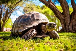 groot schildpad Aan de groen gras, ai generatief foto