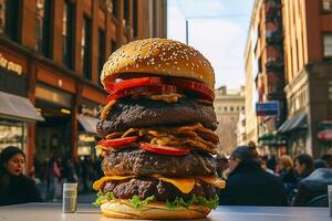 reusachtig hamburger met heerlijk ingrediënten in de stad, ai generatief foto