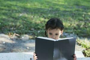 Aziatisch meisje zittend Aan een bank en lezing een boek in de park. foto