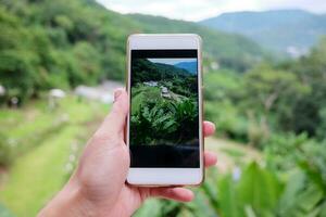 vrouw hand- Holding smartphone voor nemen een foto mooi landschap vallei berg met heuvel stam dorp Aan groen heuvel en Woud in regenachtig seizoen Bij Thailand.