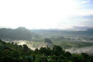 mooi landschap van gezichtspunt Aan de vallei phu LANG kha berg en mist Aan groen Woud heuvel in regenachtig seizoen van Thailand foto
